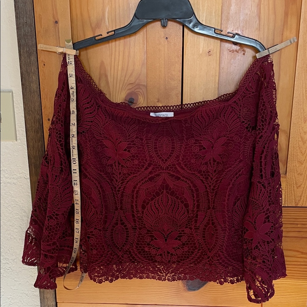 Wide neck burgundy lace blouse size M